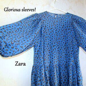 BLUE ZARA DRESS, S, BOHO w LONG PUFFED SLEEVES, TIERED RUFFLE HEM, NWOT